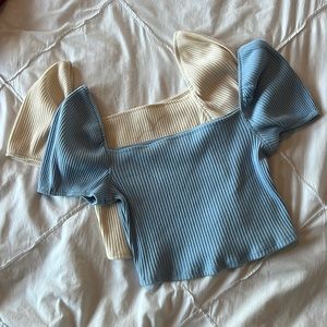 H&M Puff-Sleeved Ribbed Crop Tops — [2] colors: Cream & Light Blue — Sizes: S